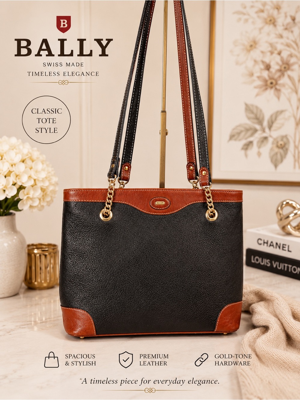BALLY Vintage Black and Brown Genuine Pebbled Leather Tote Bag